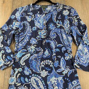 Lauren Ralph Lauren Top Womens Medium Blue Paisley Print 3/4 Sleeve Henley